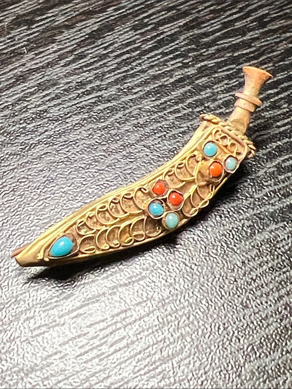 Vintage Ornate Brass Filigree Tiny Dagger Sword Shaped Brooch Pin